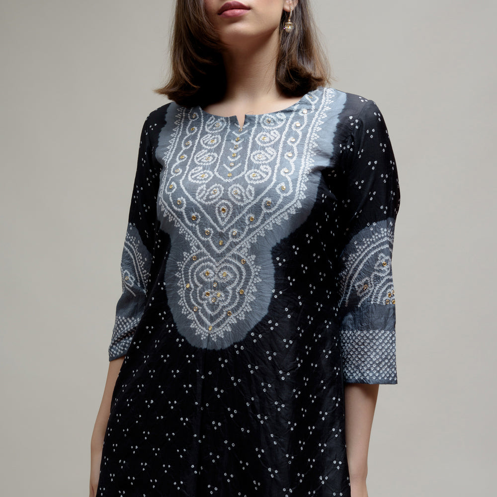 
                      
                        Bandhani Kurta on Pure Silk - Aba Yoke Grey Black
                      
                    