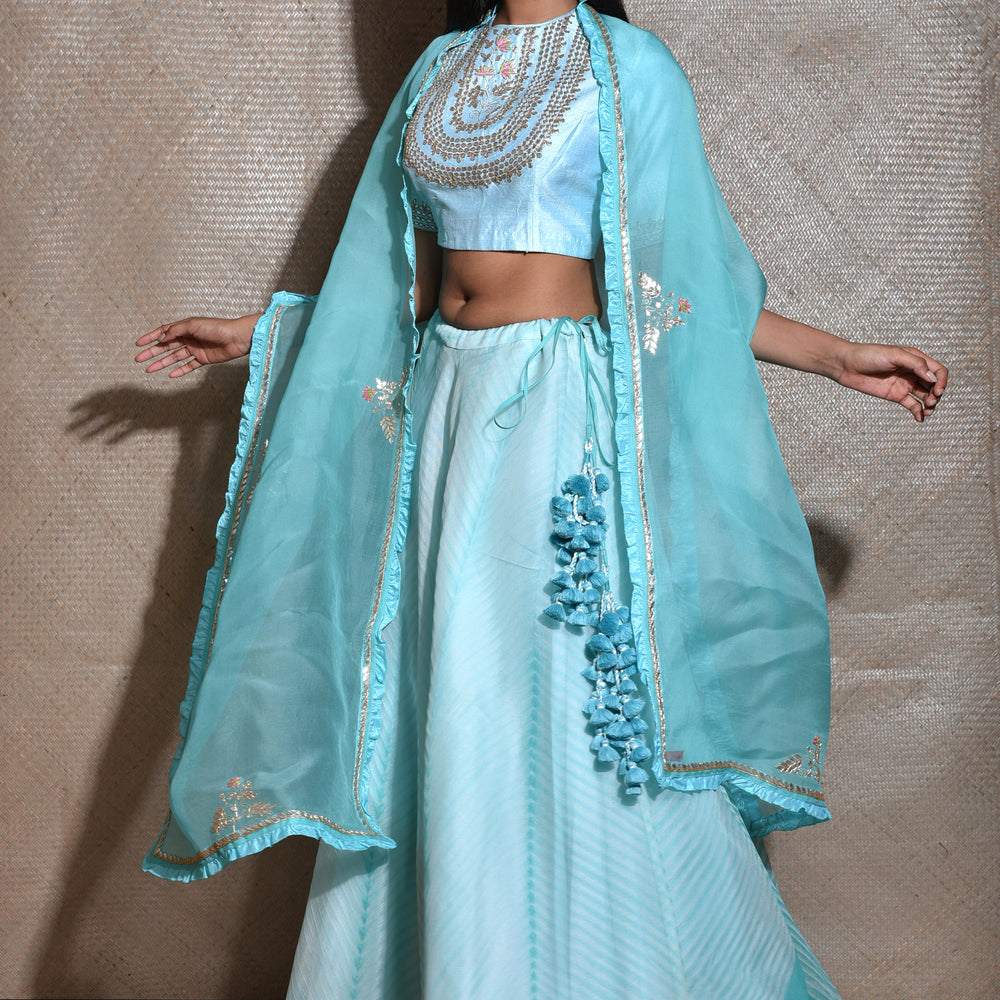 
                      
                        Arashi Organza Gota Patti Lehenga Set - Sky Blue
                      
                    