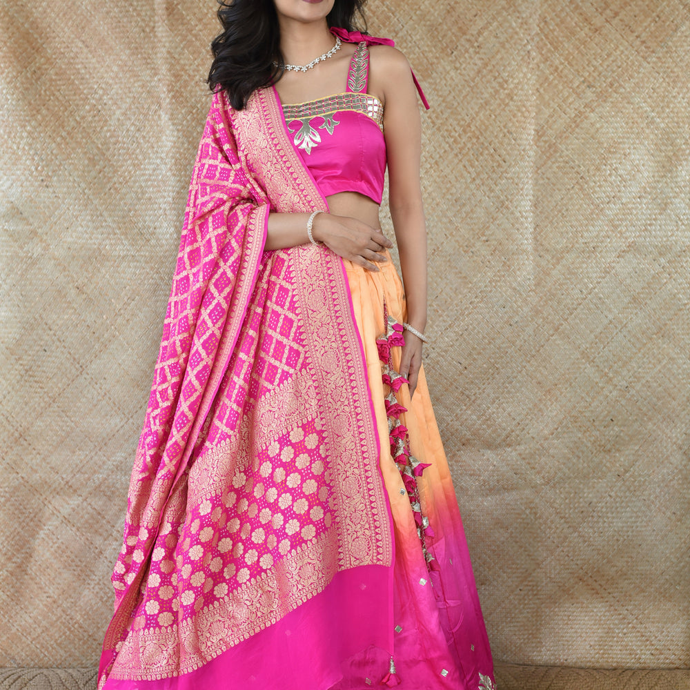 Handcut Gota Work Pure Silk lehenga With Banarasi Bandhani Dupatta In Pink