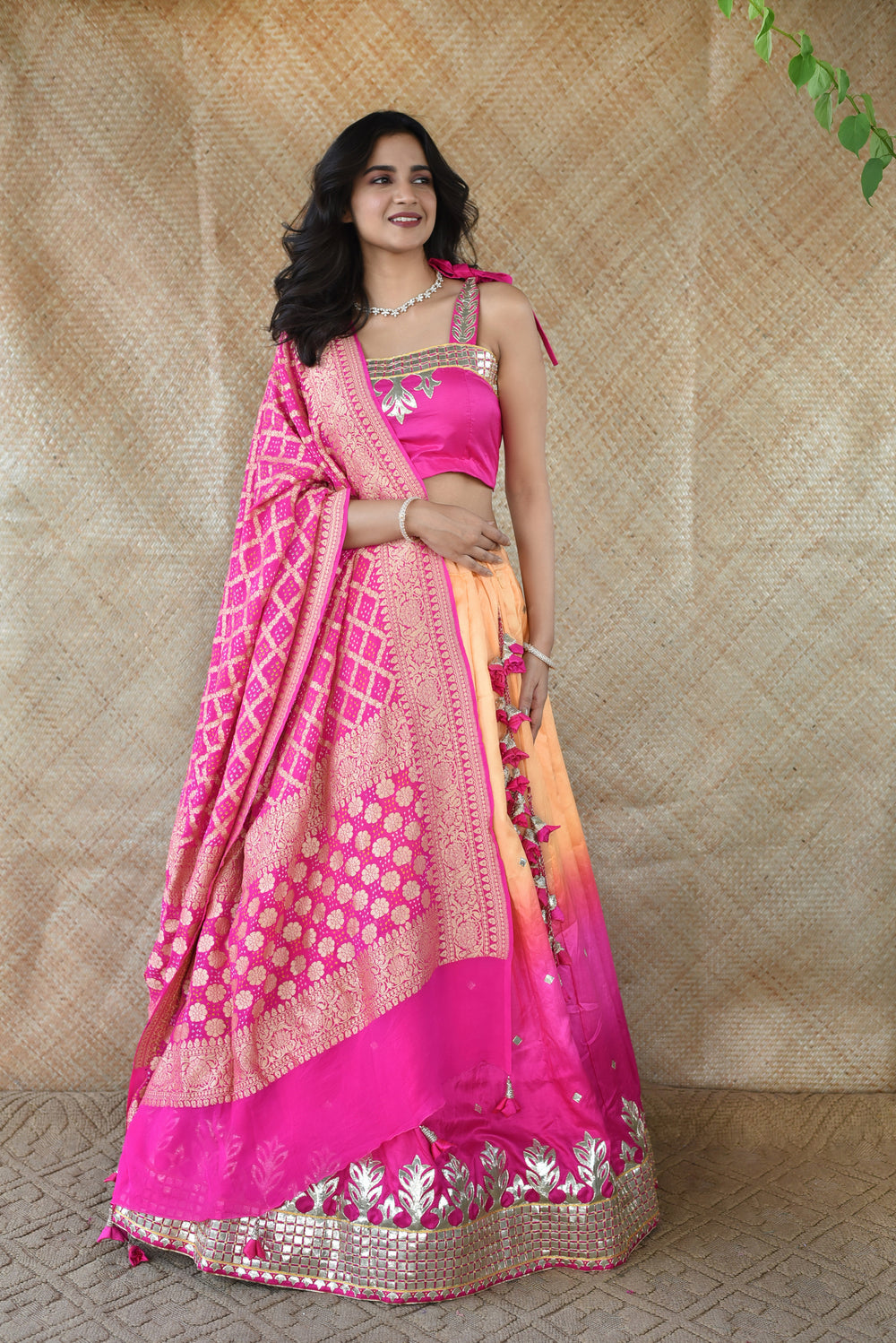 Handcut Gota Work Pure Silk lehenga With Banarasi Bandhani Dupatta In Pink