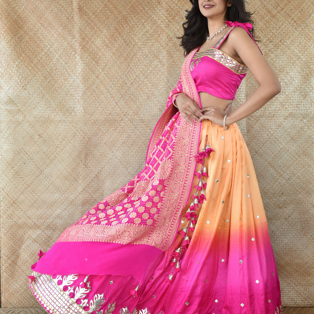 Handcut Gota Work Pure Silk lehenga With Banarasi Bandhani Dupatta In Pink