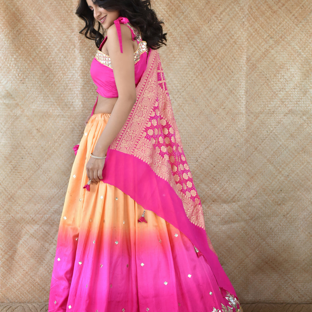 
                      
                        Handcut Gota Work Pure Silk lehenga With Banarasi Bandhani Dupatta In Pink
                      
                    