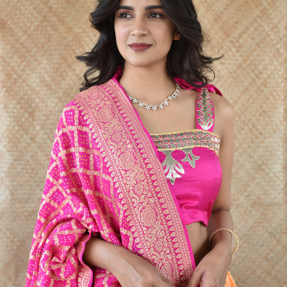 
                      
                        Handcut Gota Work Pure Silk lehenga With Banarasi Bandhani Dupatta In Pink
                      
                    