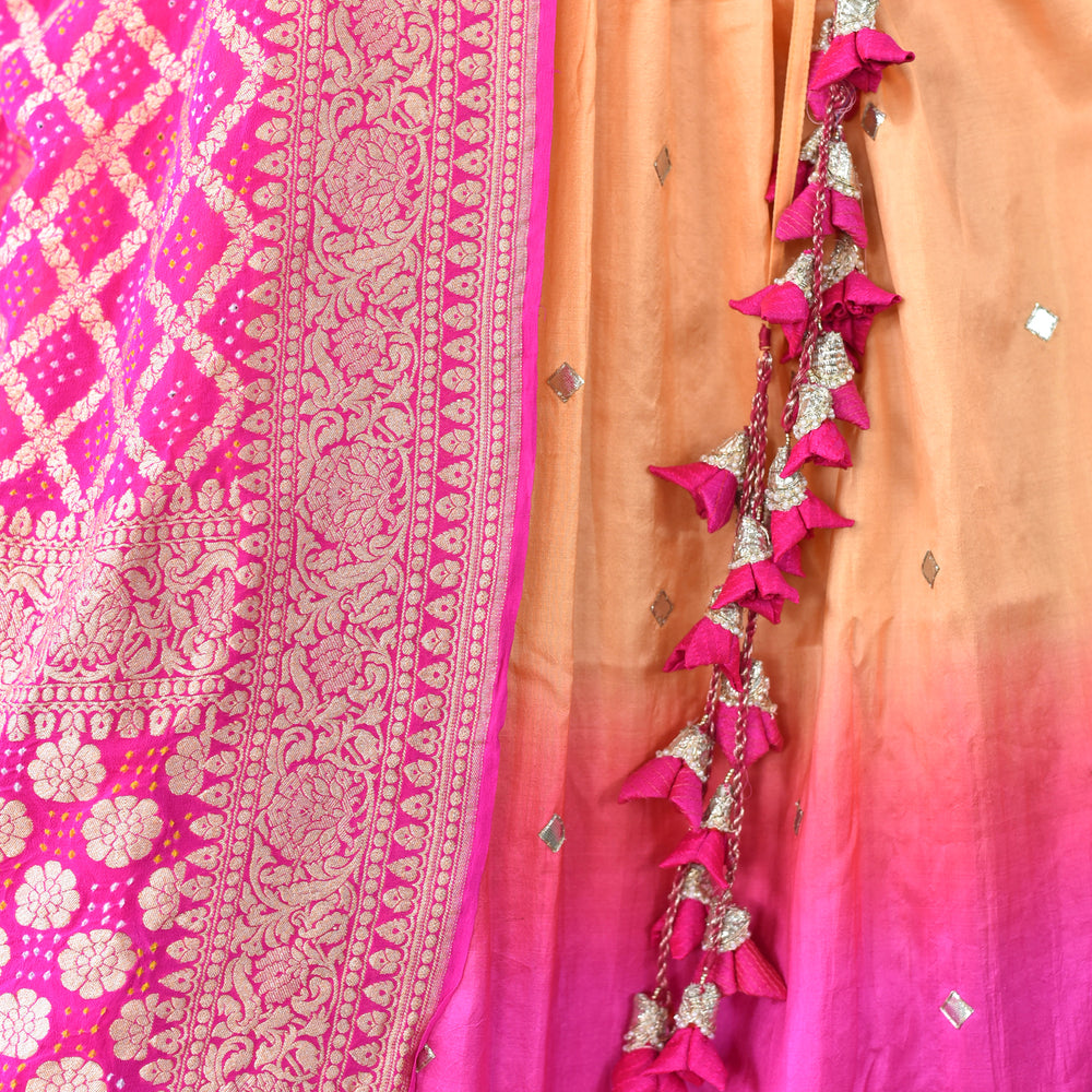 
                      
                        Handcut Gota Work Pure Silk lehenga With Banarasi Bandhani Dupatta In Pink
                      
                    