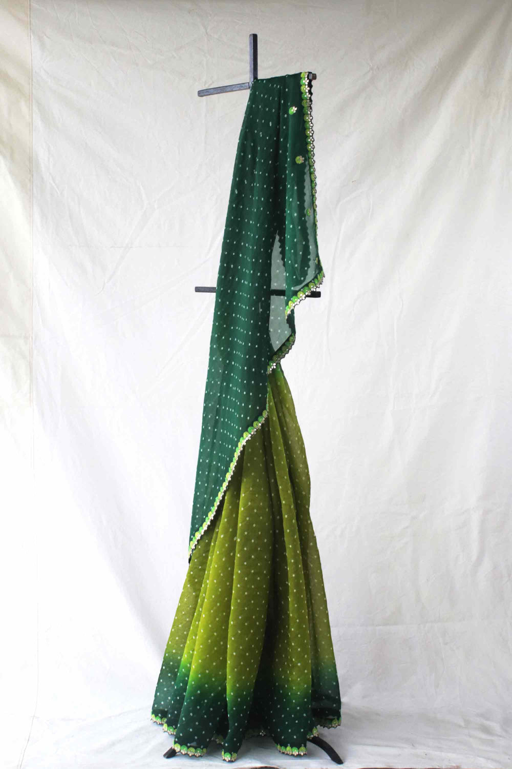 Green Shaded Bandhani on Organza Saree with Gota Patti