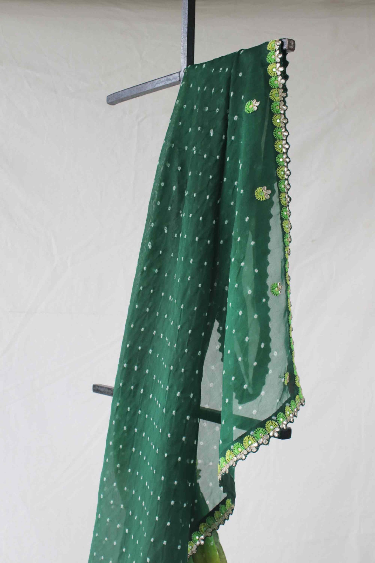 Green Shaded Bandhani on Organza Saree with Gota Patti