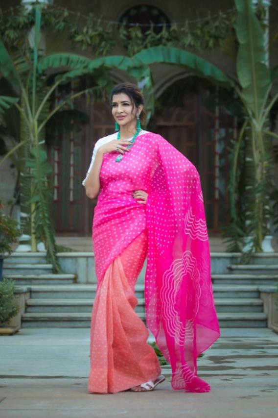 Lakshmi Manchu's Bandhani on Pure Organza Saree by Naina Jain