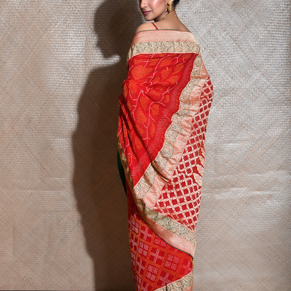 
                      
                        Light Meenakari Banarasi Bandhani Saree-Red And Green
                      
                    