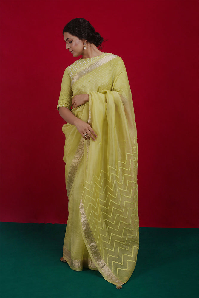 Lime Organza Saree with Bandhej Blouse