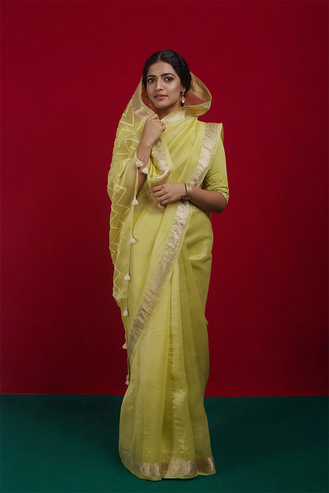 
                      
                        Lime Organza Saree with Bandhej Blouse
                      
                    