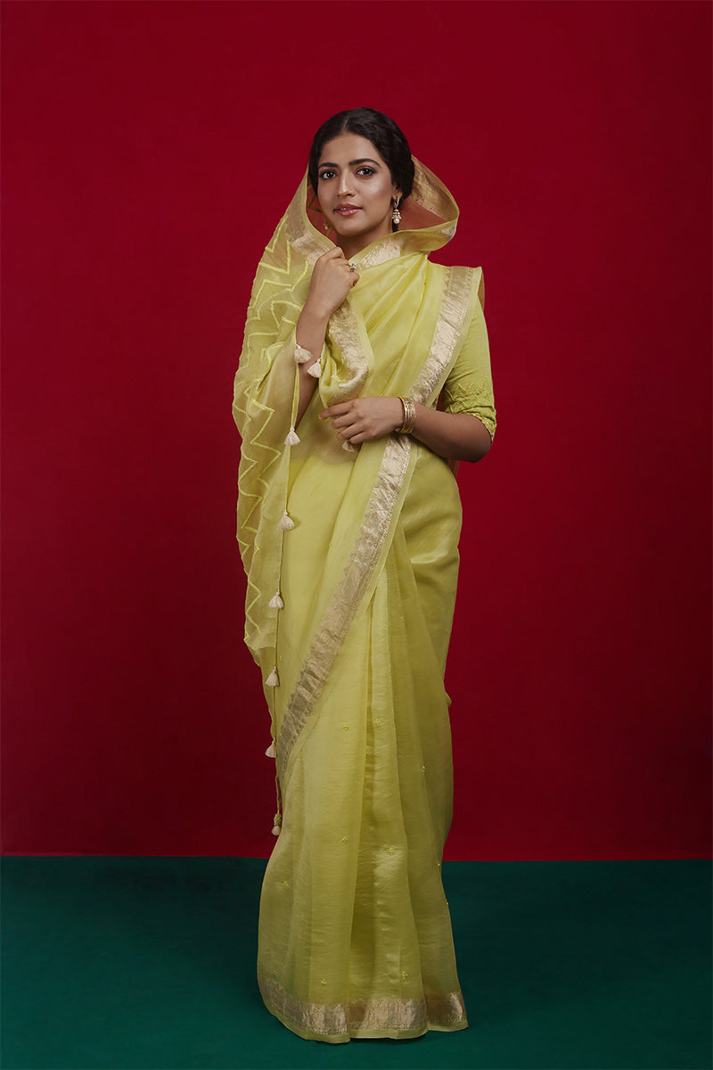 Lime Organza Saree with Bandhej Blouse