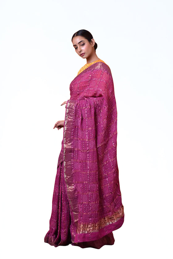 Pure Zari Kota Saree with Bandhani in Pinkish Purple