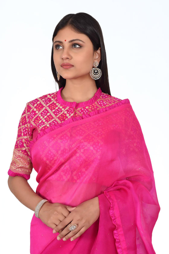 Shaded Organza Saree with Bandhani Blouse - Pink