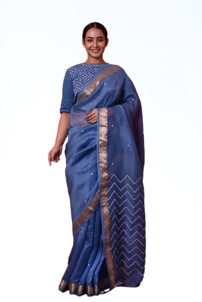 
                      
                        Blue Organza Saree with Bandhej Blouse
                      
                    