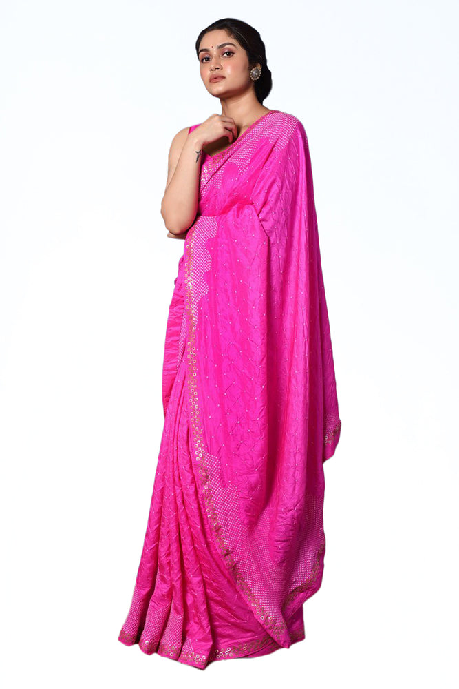 Abstract Bandhani Silk Saree in Fuchsia