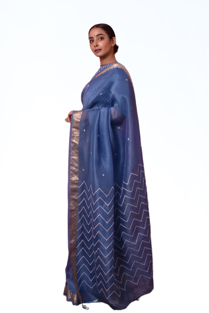 
                      
                        Blue Organza Saree with Bandhej Blouse
                      
                    