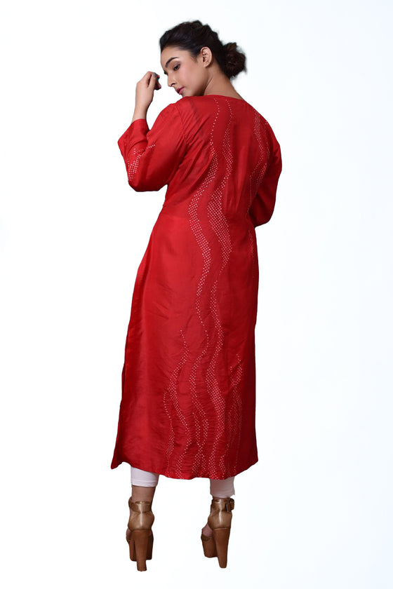 Waves Design Bandhani Kurta on Pure Silk in Red