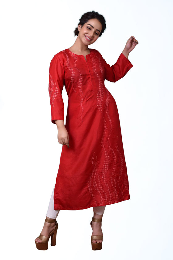 Waves Design Bandhani Kurta on Pure Silk in Red
