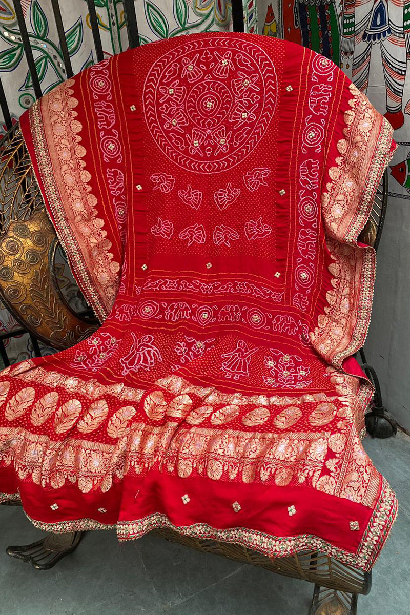 Red Banarasi Bandhani Dupatta with Zardozi Work