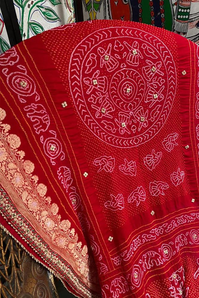 Red Banarasi Bandhani Dupatta with Zardozi Work