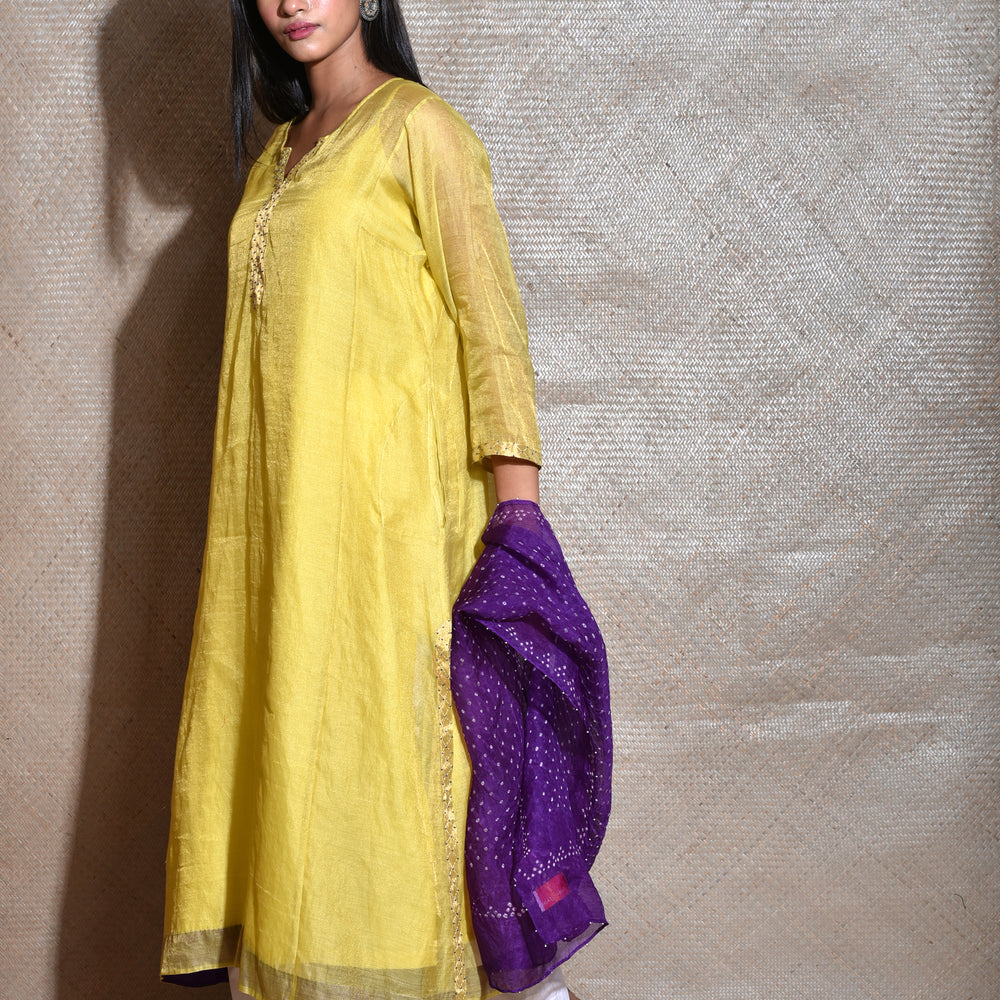 Tissue Chanderi Kurta Set With Bandhani on Organza Dupatta-Lemon Yellow And Purple.