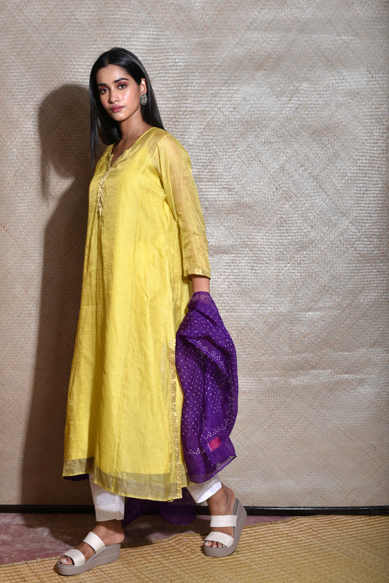 Tissue Chanderi Kurta Set With Bandhani on Organza Dupatta-Lemon Yellow And Purple.
