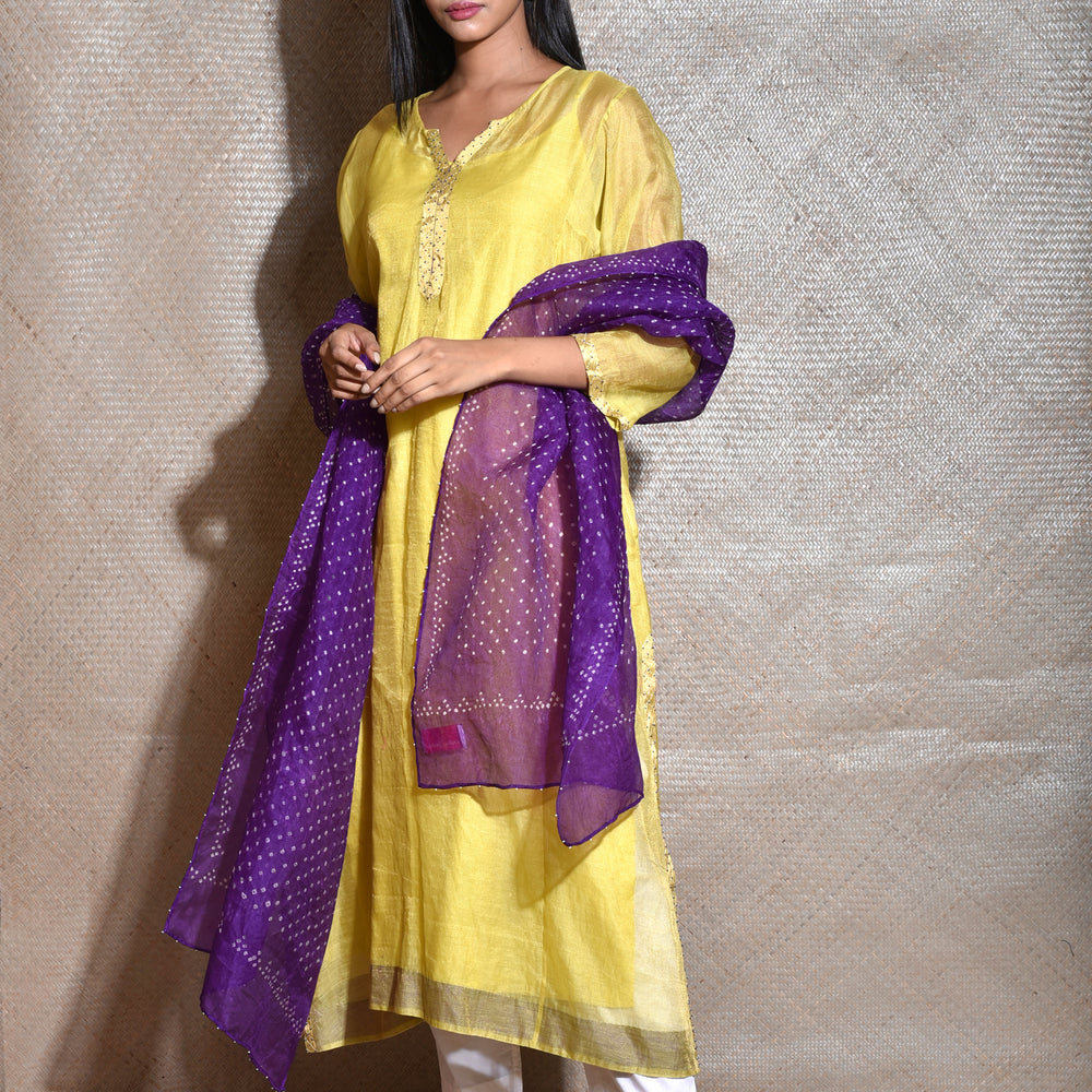 
                      
                        Tissue Chanderi Kurta Set With Bandhani on Organza Dupatta-Lemon Yellow And Purple.
                      
                    