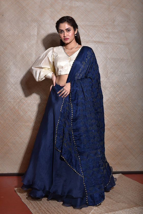 Pink With Navy Blue Embroidered Semi Stitched Bridal Lehenga