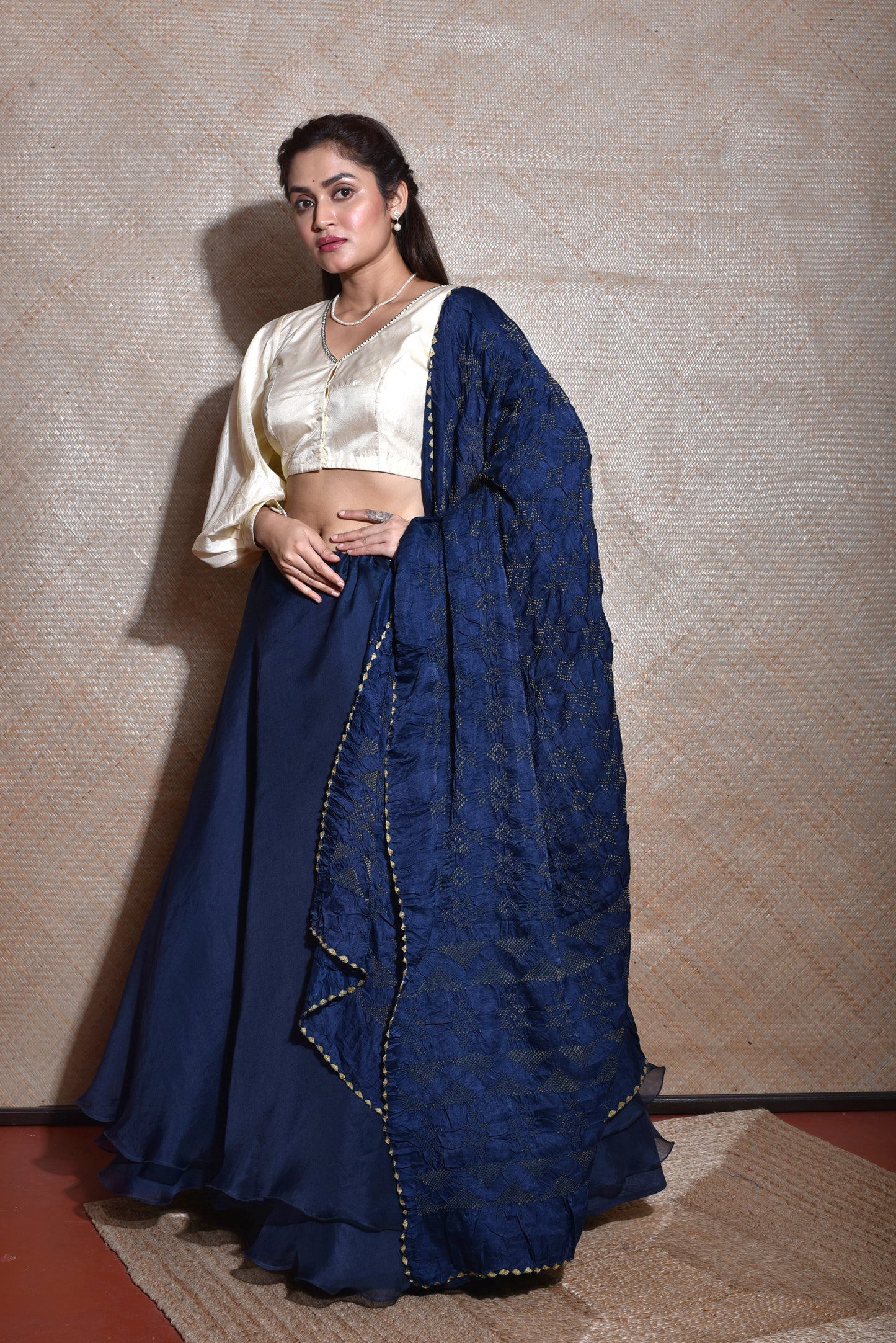 Organza Lehenga With Bandhani Dupatta In Blue