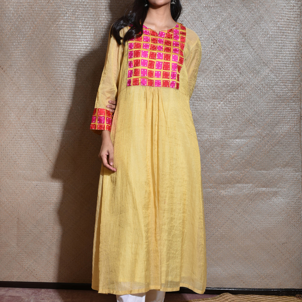 Applique Bandhani on Chanderi Tissue Kurta - Cream