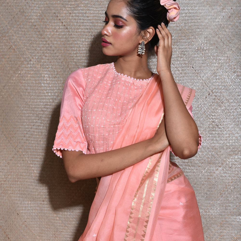 
                      
                        Peach Organza Saree with Bandhej Blouse
                      
                    