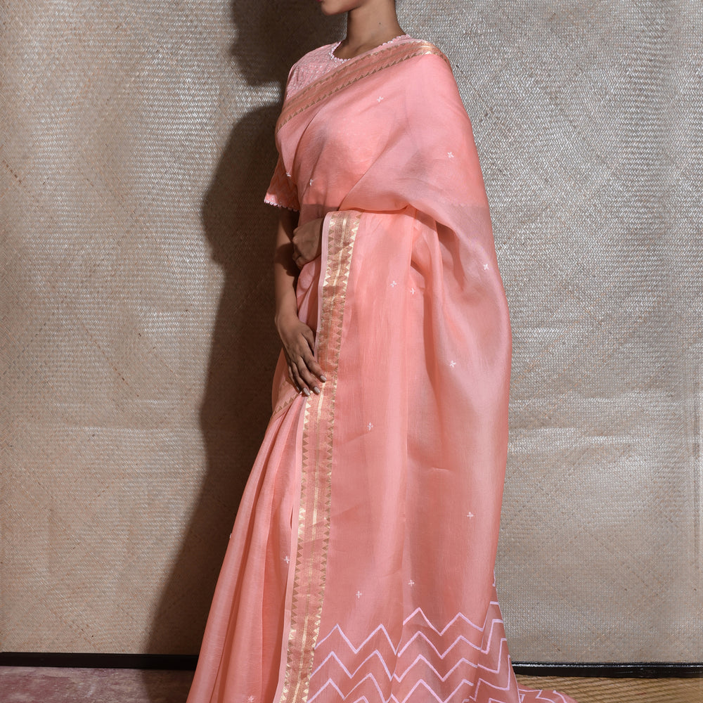 
                      
                        Peach Organza Saree with Bandhej Blouse
                      
                    