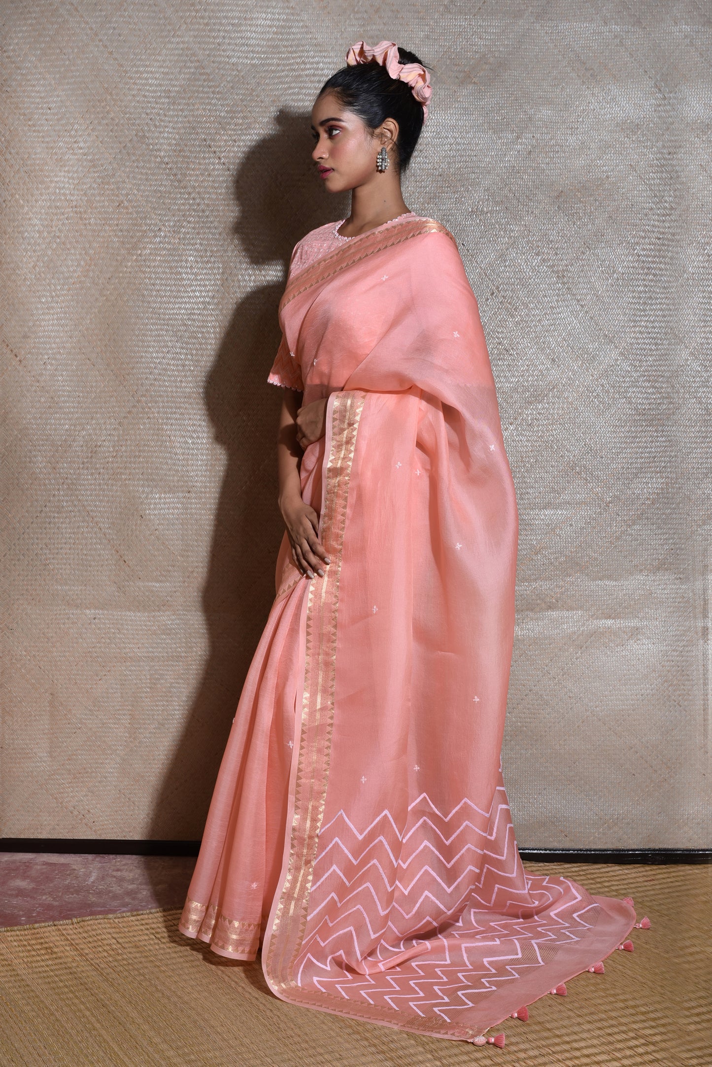 Peach Organza Saree with Bandhej Blouse