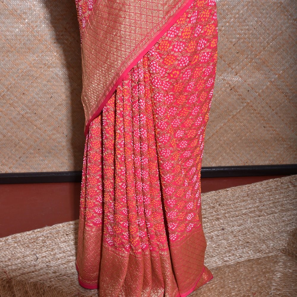 
                      
                        Peach Real Zari Banarasi Bandhani Gharchola Saree
                      
                    