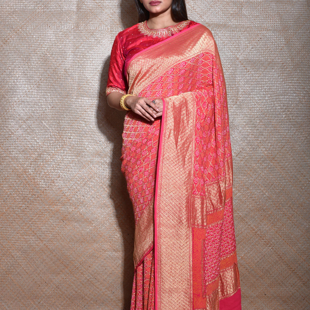 
                      
                        Peach Real Zari Banarasi Bandhani Gharchola Saree
                      
                    