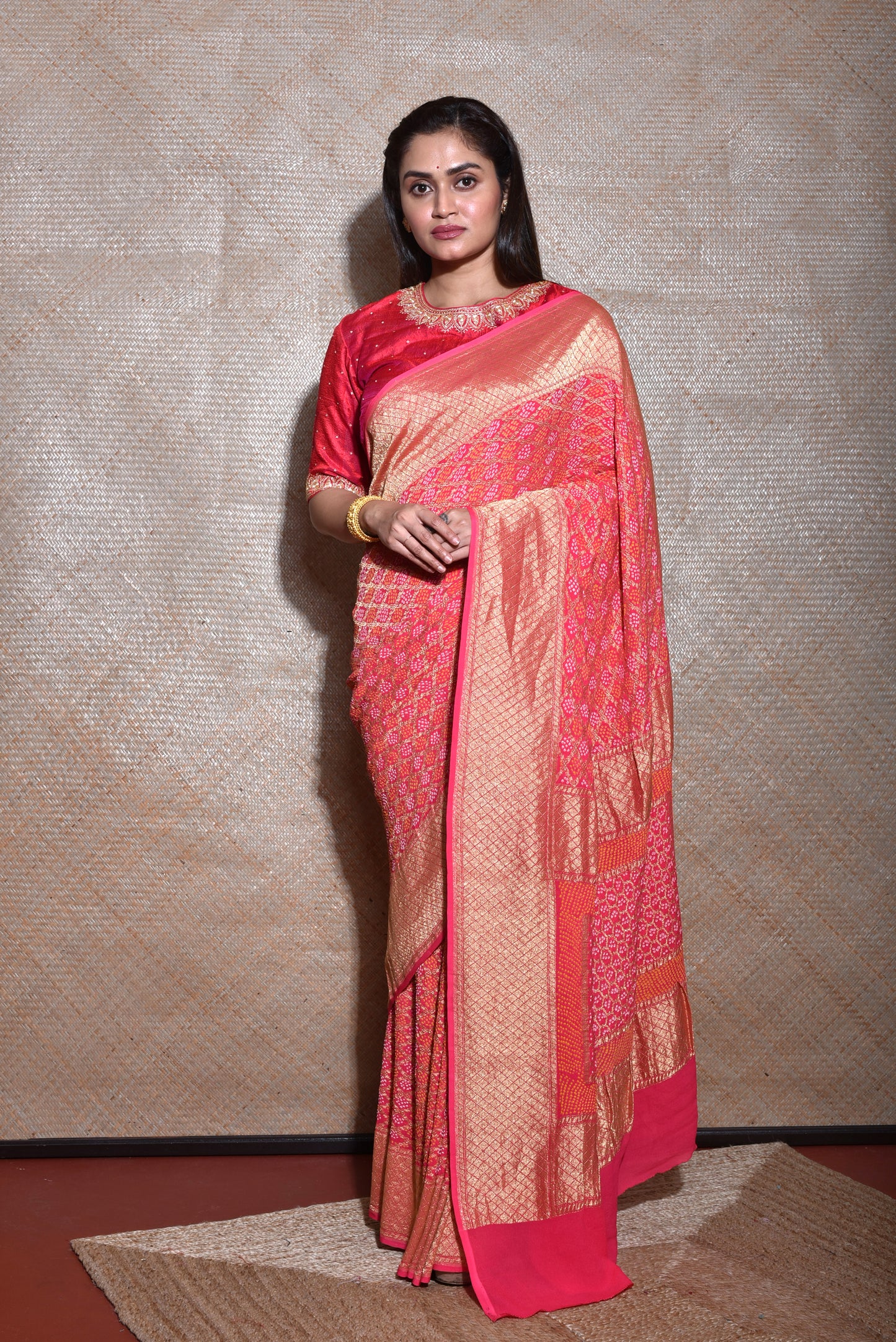 Peach Real Zari Banarasi Bandhani Gharchola Saree