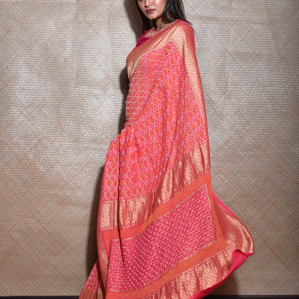 
                      
                        Peach Real Zari Banarasi Bandhani Gharchola Saree
                      
                    