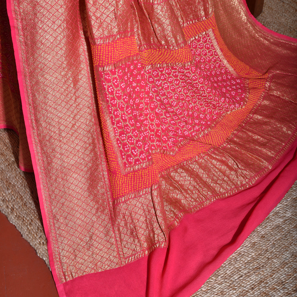 
                      
                        Peach Real Zari Banarasi Bandhani Gharchola Saree
                      
                    