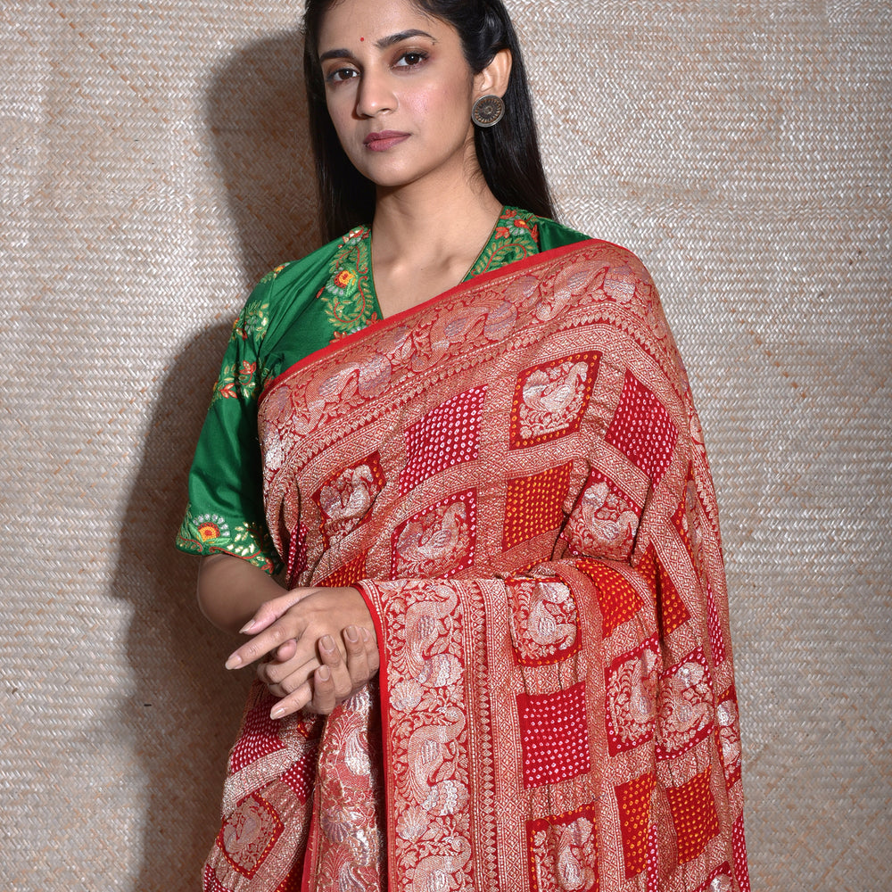 Peacock Border Banarasi Bandhani Gharchola Saree in Red