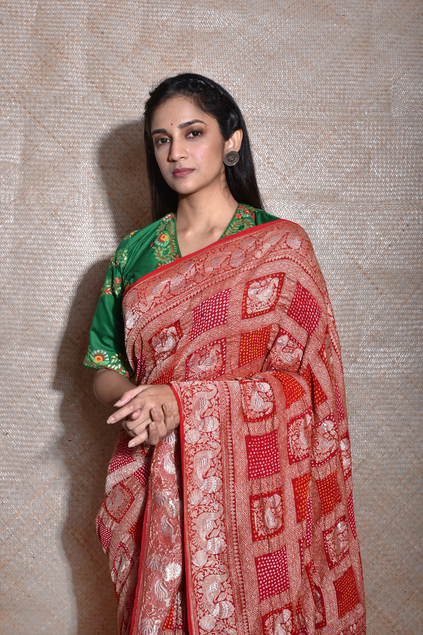 Peacock Border Banarasi Bandhani Gharchola Saree in Red