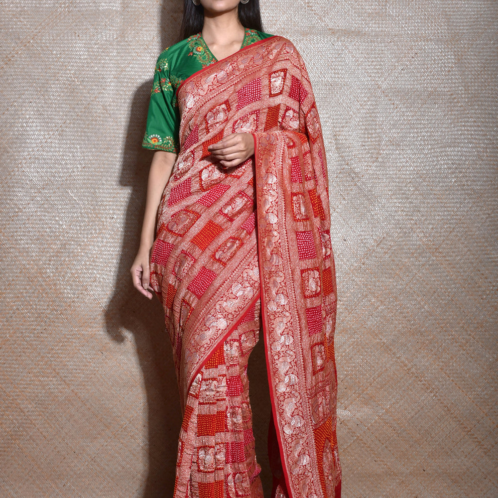 Peacock Border Banarasi Bandhani Gharchola Saree in Red