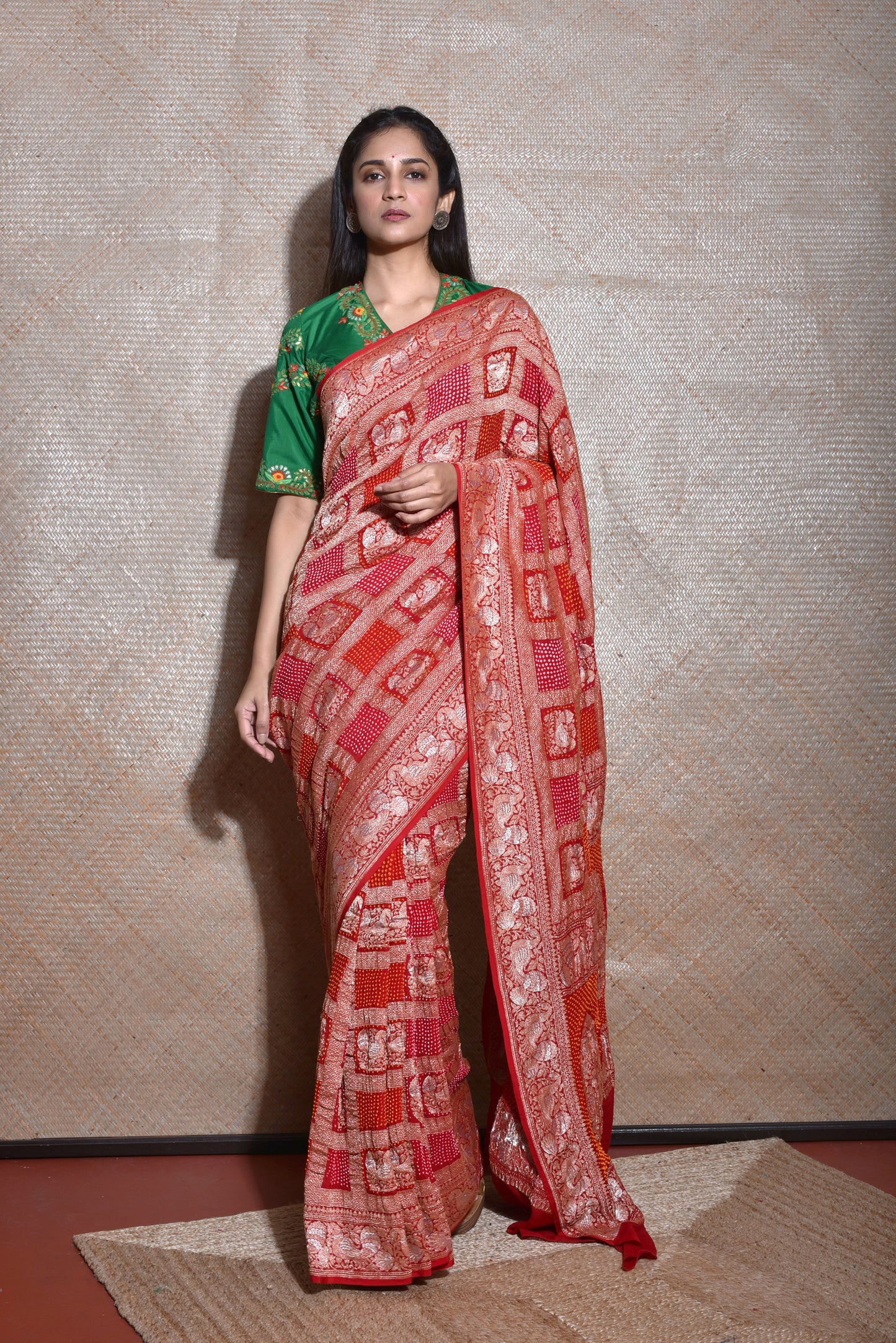 Peacock Border Banarasi Bandhani Gharchola Saree in Red