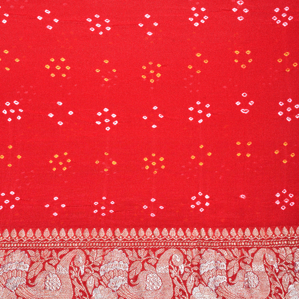 
                      
                        Peacock Border Banarasi Bandhani Gharchola Saree in Red
                      
                    