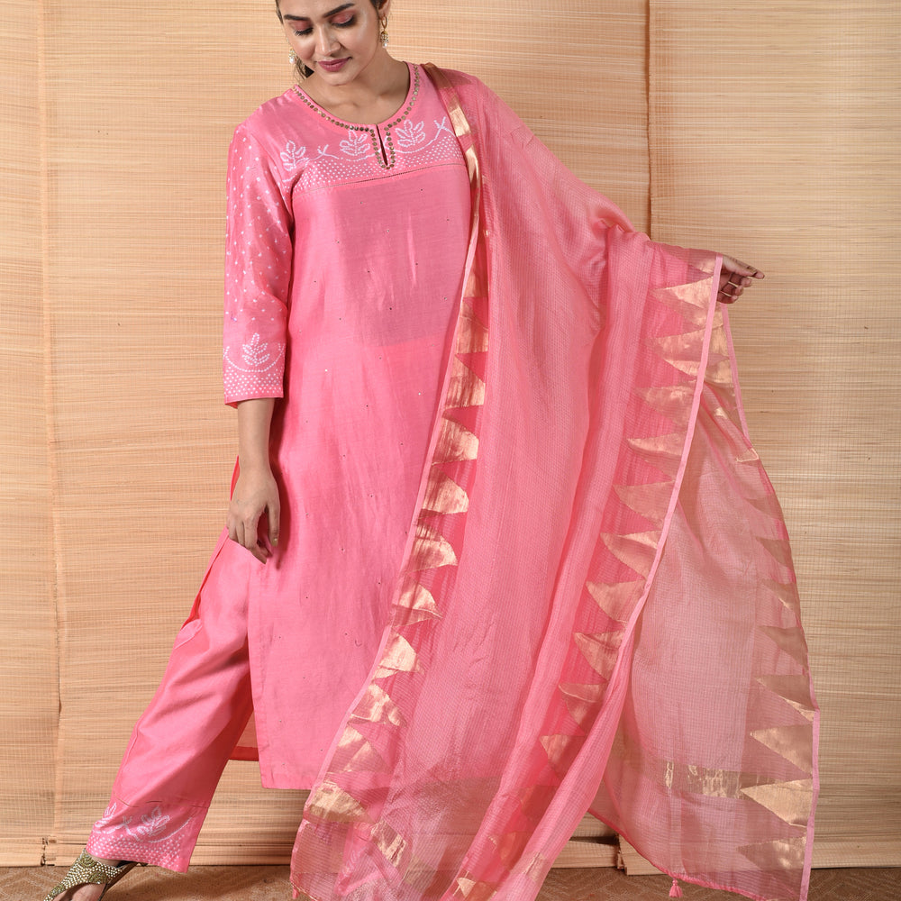 
                      
                        Pink Bandhani on Chanderi Suit Set
                      
                    