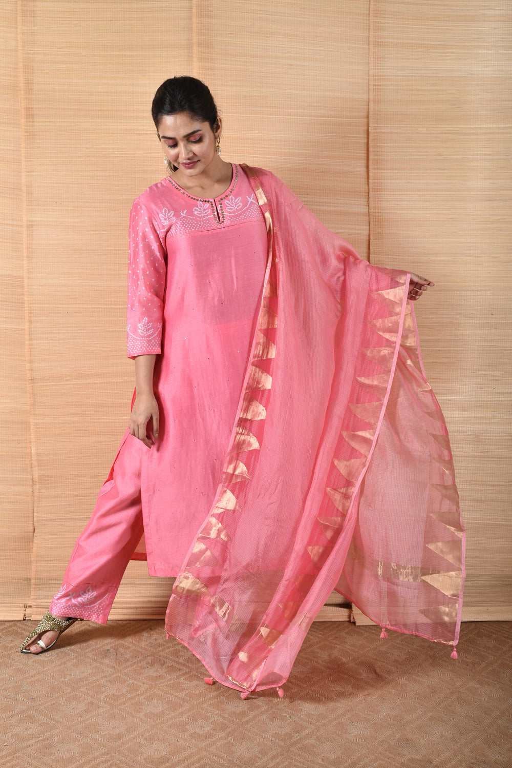 Pink Bandhani on Chanderi Suit Set