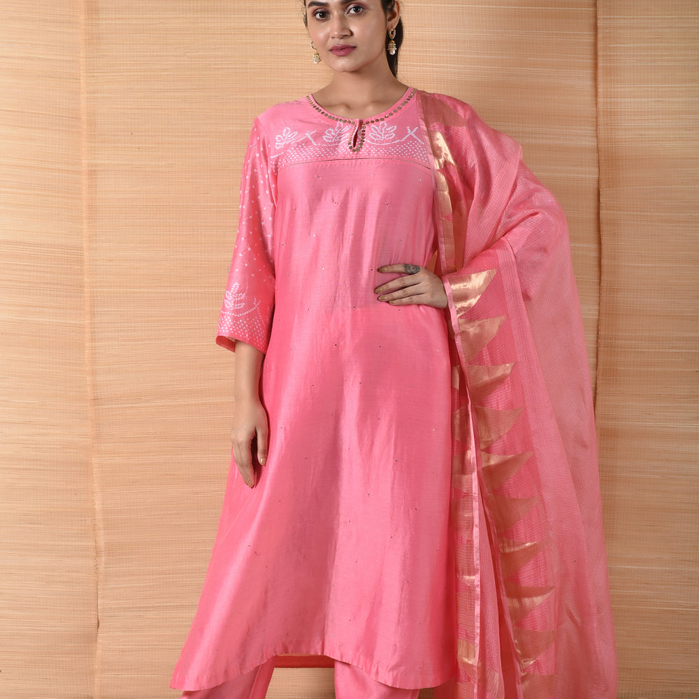 Pink Bandhani on Chanderi Suit Set