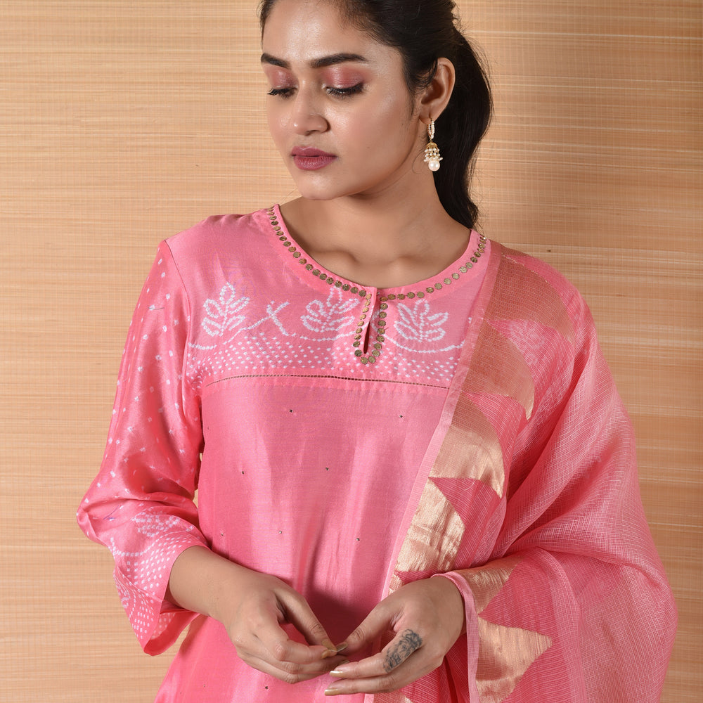 
                      
                        Pink Bandhani on Chanderi Suit Set
                      
                    