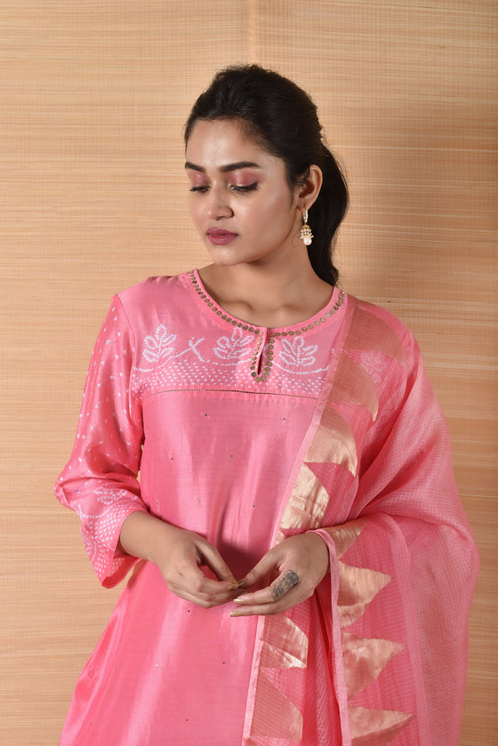 Pink Bandhani on Chanderi Suit Set
