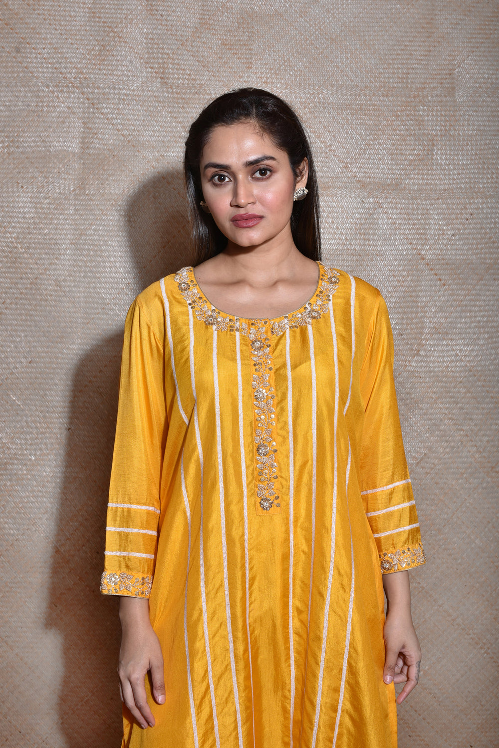 Pure Silk Kurta In Yellow With Thread Work