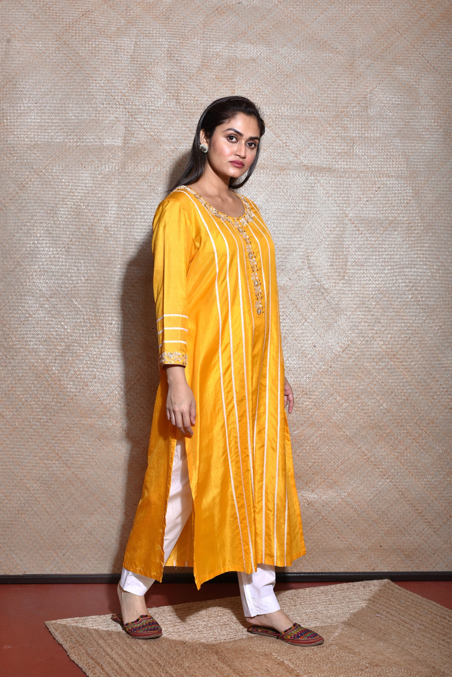 Pure Silk Kurta In Yellow With Thread Work